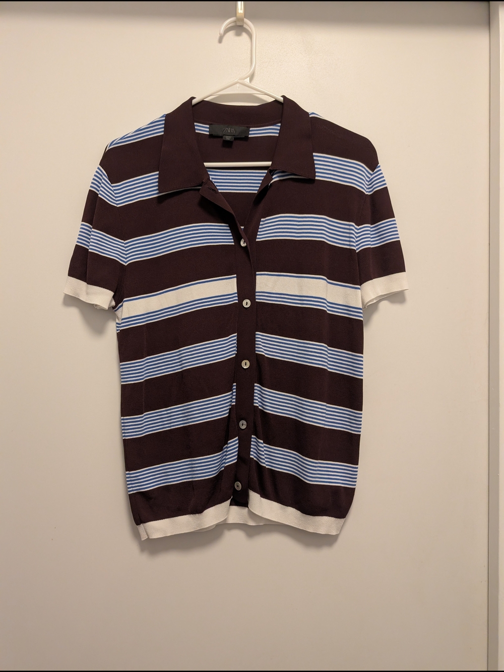 Zara Brown, Light Blue & White Striped Short-Sleeve Button Shirt
